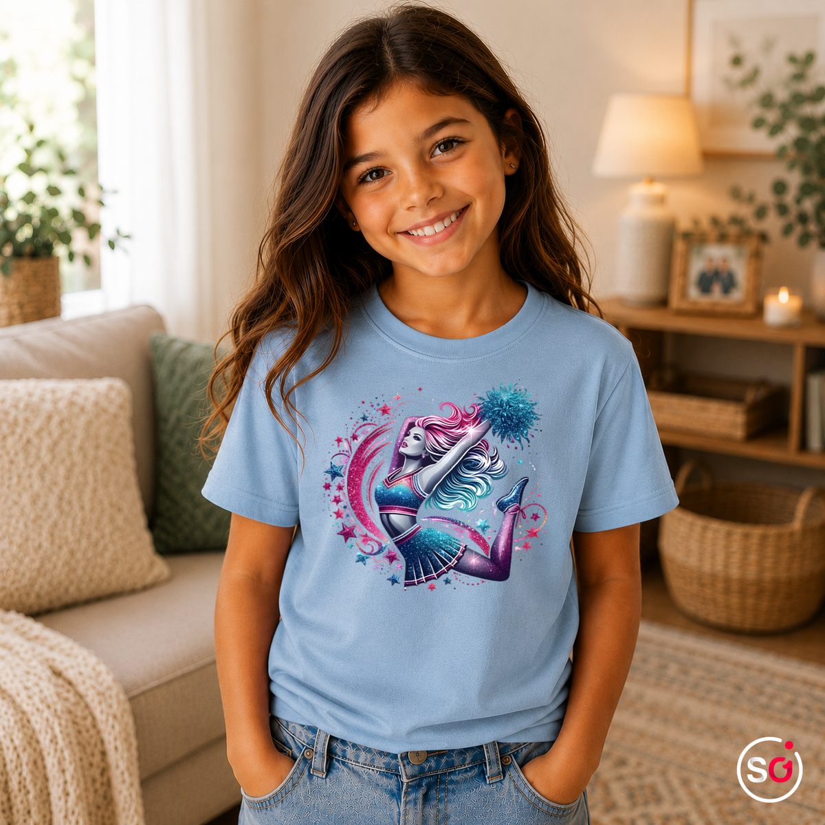 Kinder SkyBlau – Kinder T-Shirt mit Galaktischer Cheerleaderin im Sprung & Glitzer-Sternen