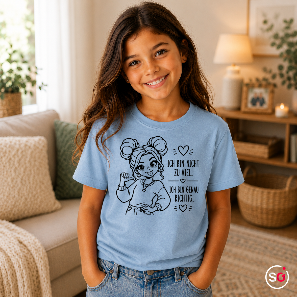 Kinder SkyBlau – Kinder T-Shirt mit Spruch 'Ich bin genau richtig' | Selbstbewusstes Mädchen Design