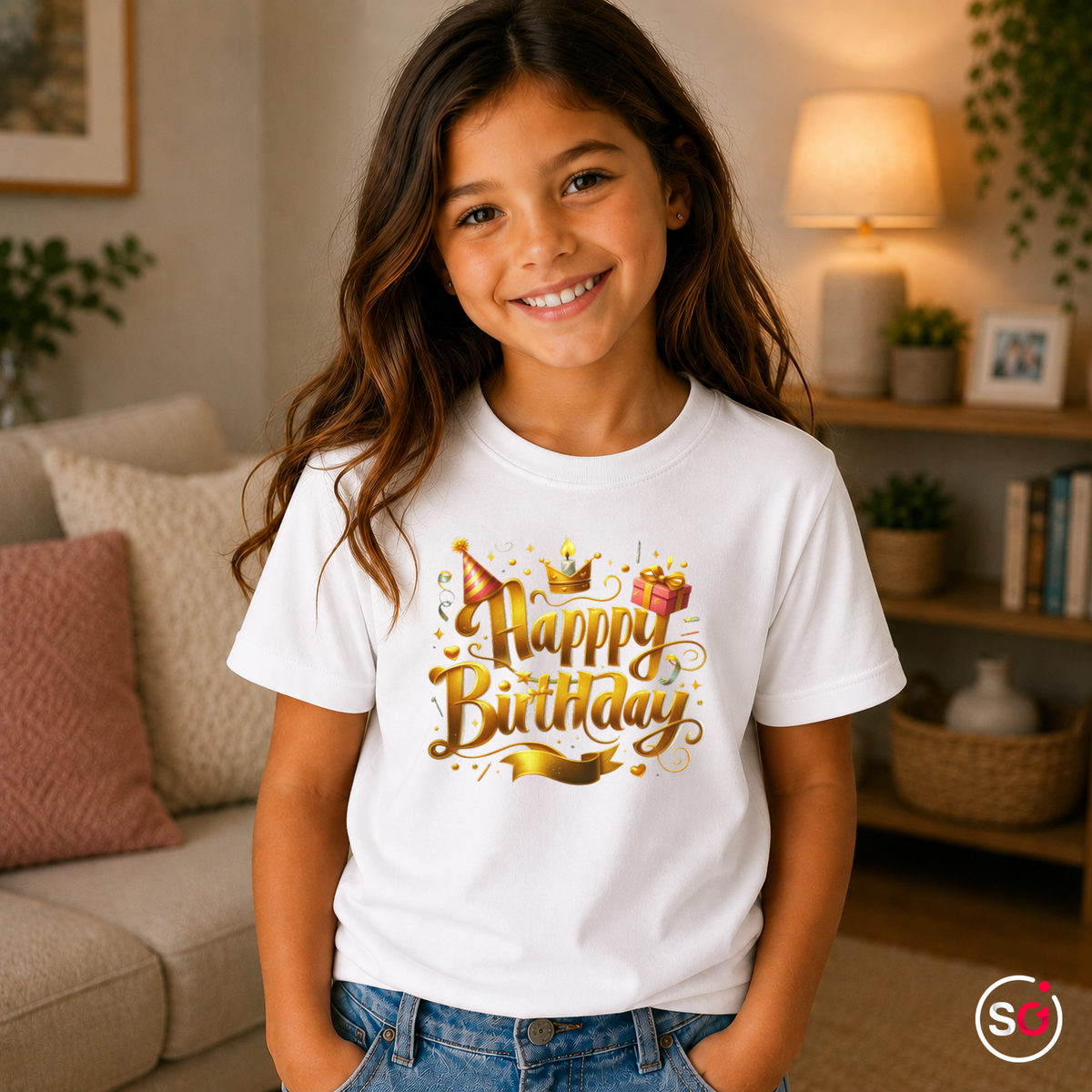 Kinder Weiß – Kinder T-Shirt Happy Birthday – Goldener 3D Schriftzug mit Krone, Partyhut & Geschenk Motiv