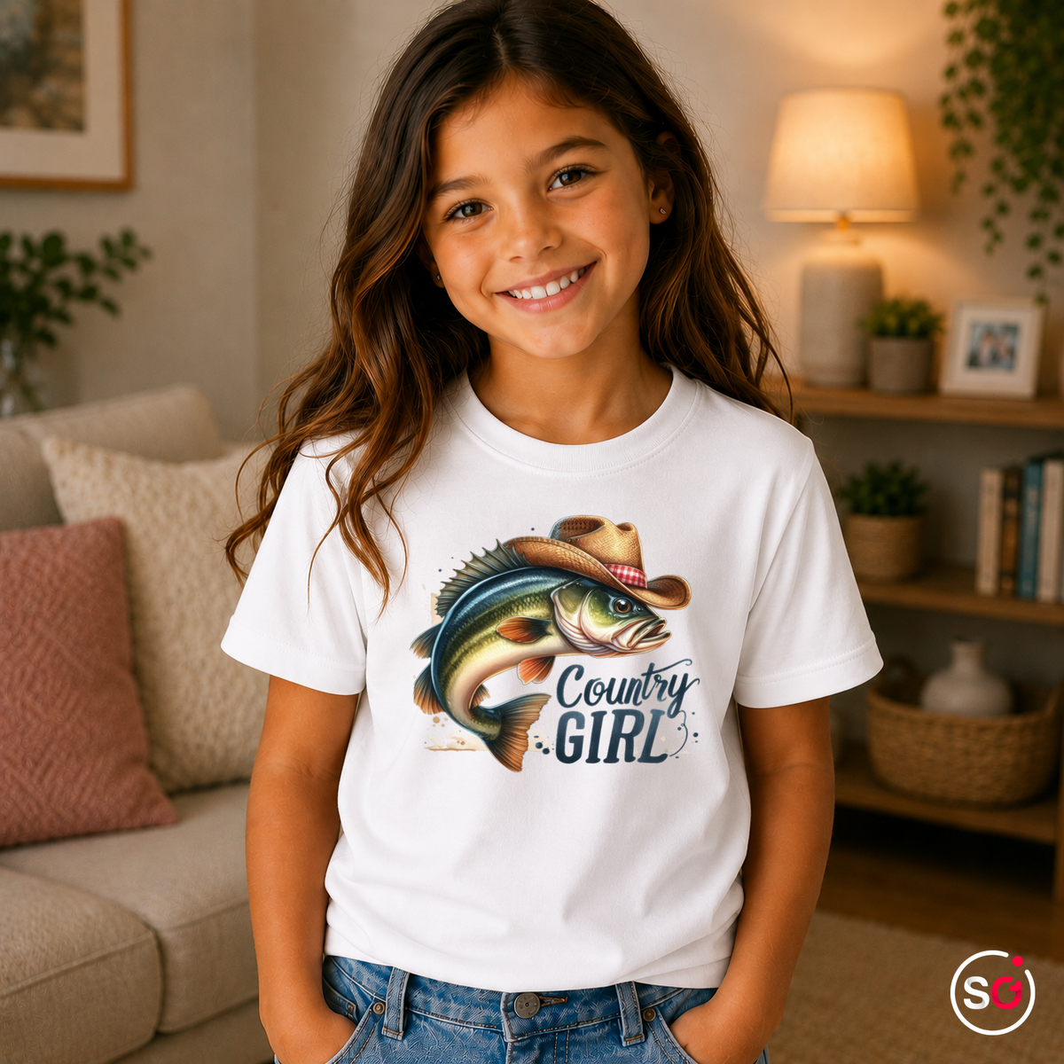 Kinder Weiß – Kinder T-Shirt 'Country Girl' mit coolem Fisch im Cowboyhut | Angler- & Western-Design für Mädchen