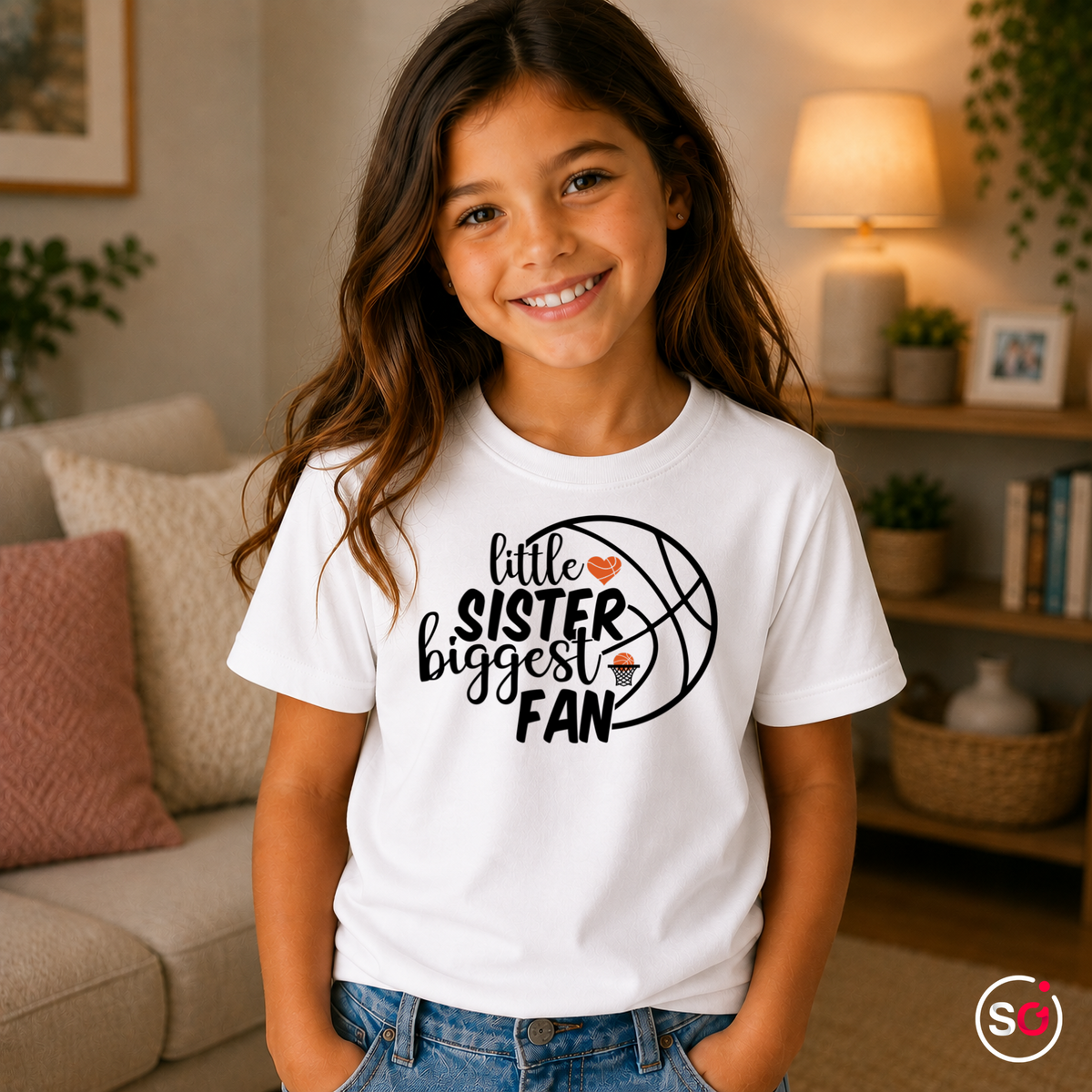 Kinder Weiß – Kinder T-Shirt mit Basketball-Spruch 'little SISTER biggest FAN'