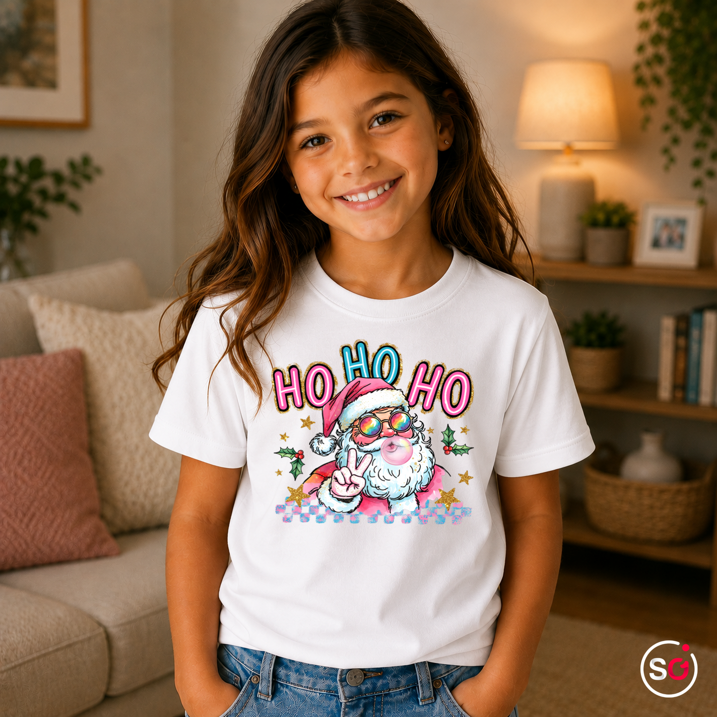 Kinder Weiß – Cooler Weihnachtsmann Kinder T-Shirt mit Sonnenbrille & Kaugummi | HO HO HO Design
