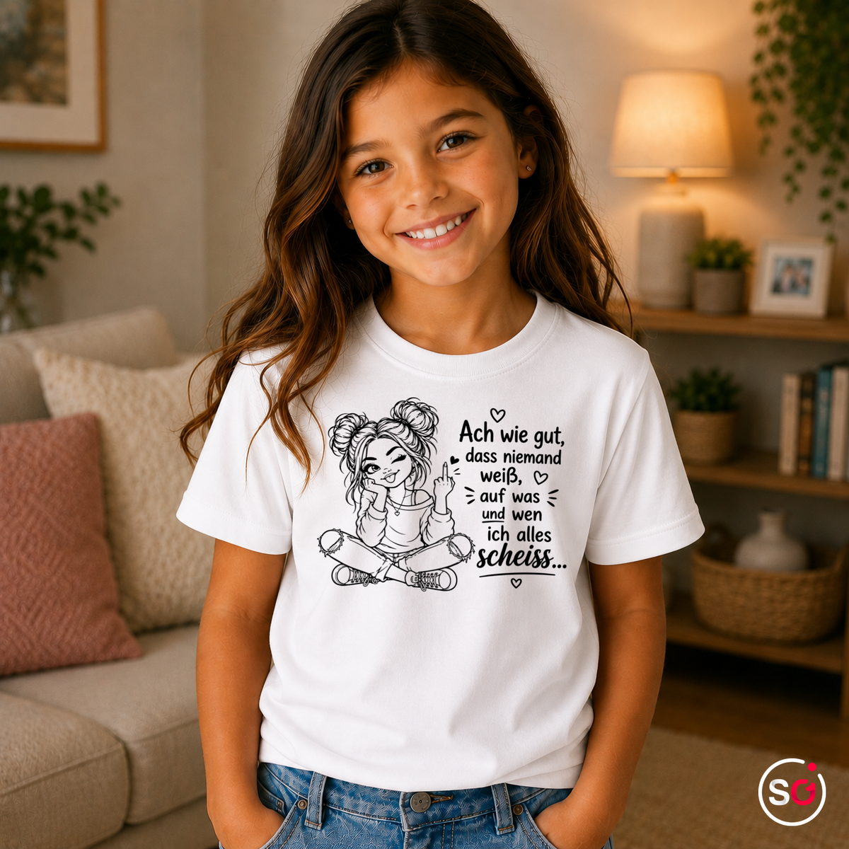 Kinder Weiß – Kinder T-Shirt mit frechem Mädchen-Motiv | Spruch 'Ach wie gut, dass niemand weiß...'