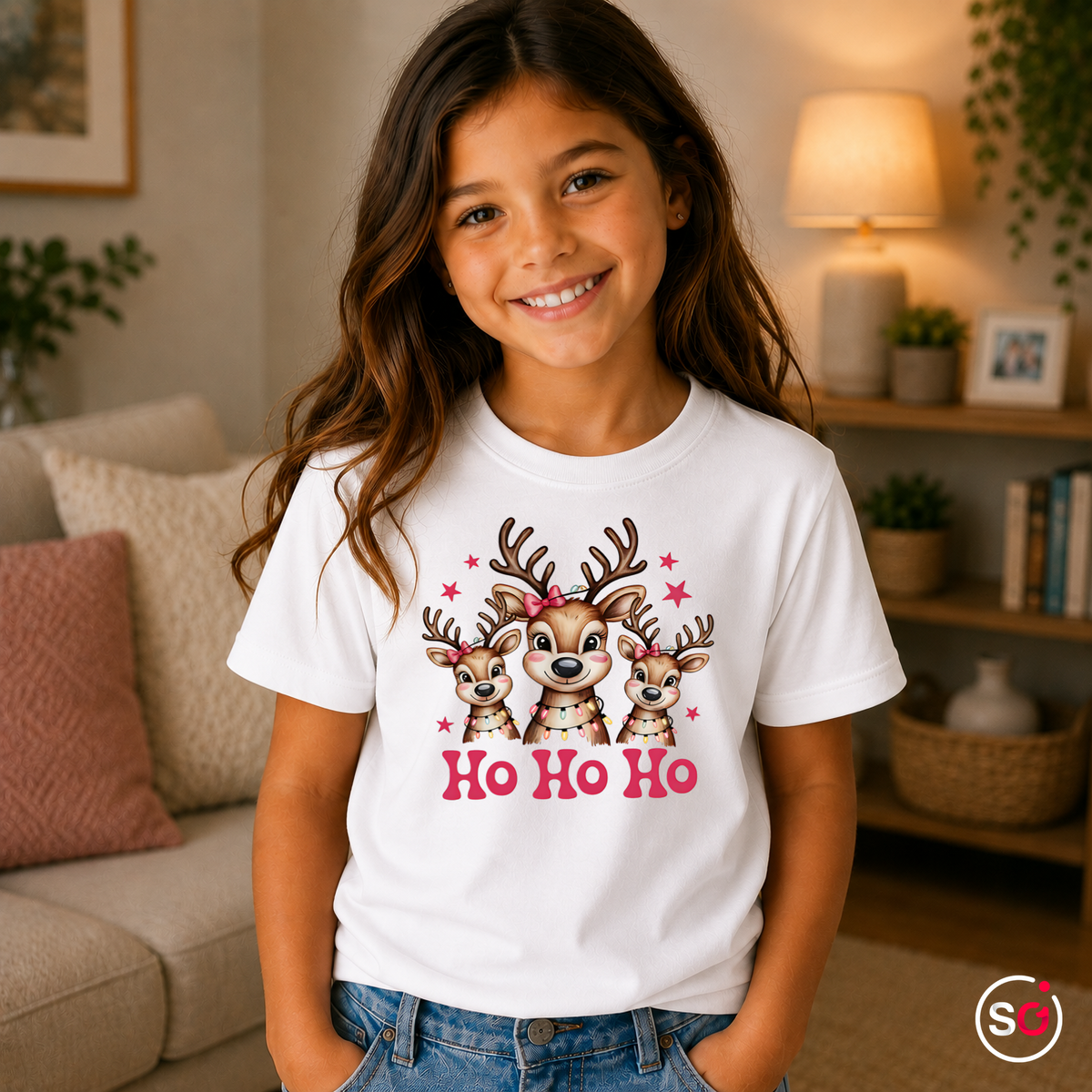 Kinder Weiß – Kinder T-Shirt mit süßer Rentier-Familie und 'Ho Ho Ho' Schriftzug