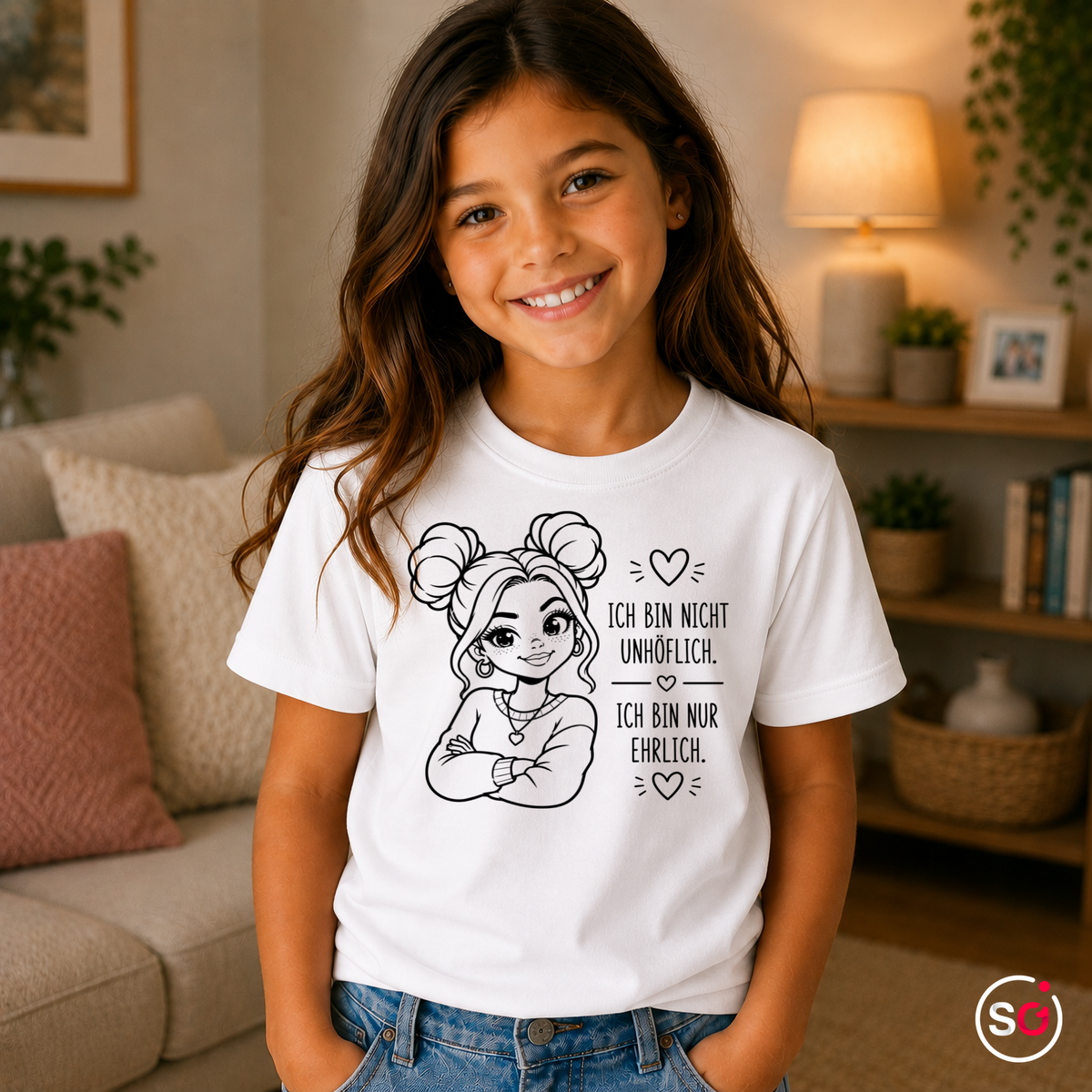Kinder Weiß – Kinder T-Shirt mit frechem Spruch „Ich bin nur ehrlich“ und coolem Mädchen-Motiv