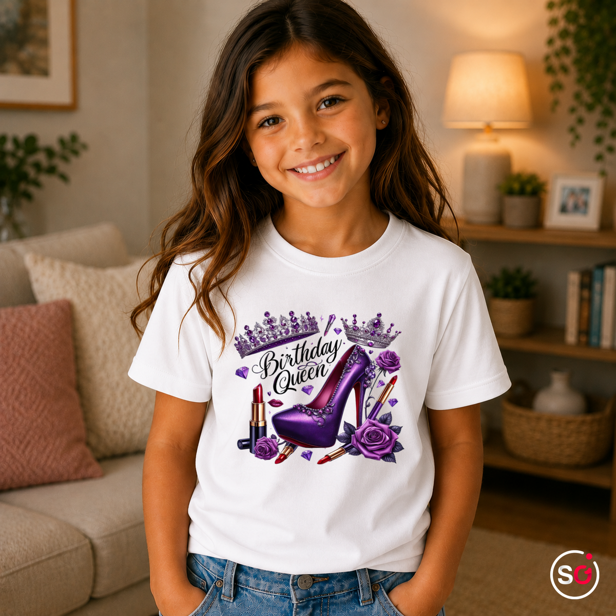 Kinder Weiß – Kinder T-Shirt Birthday Queen mit lila High Heel, Krone und Glitzer-Design