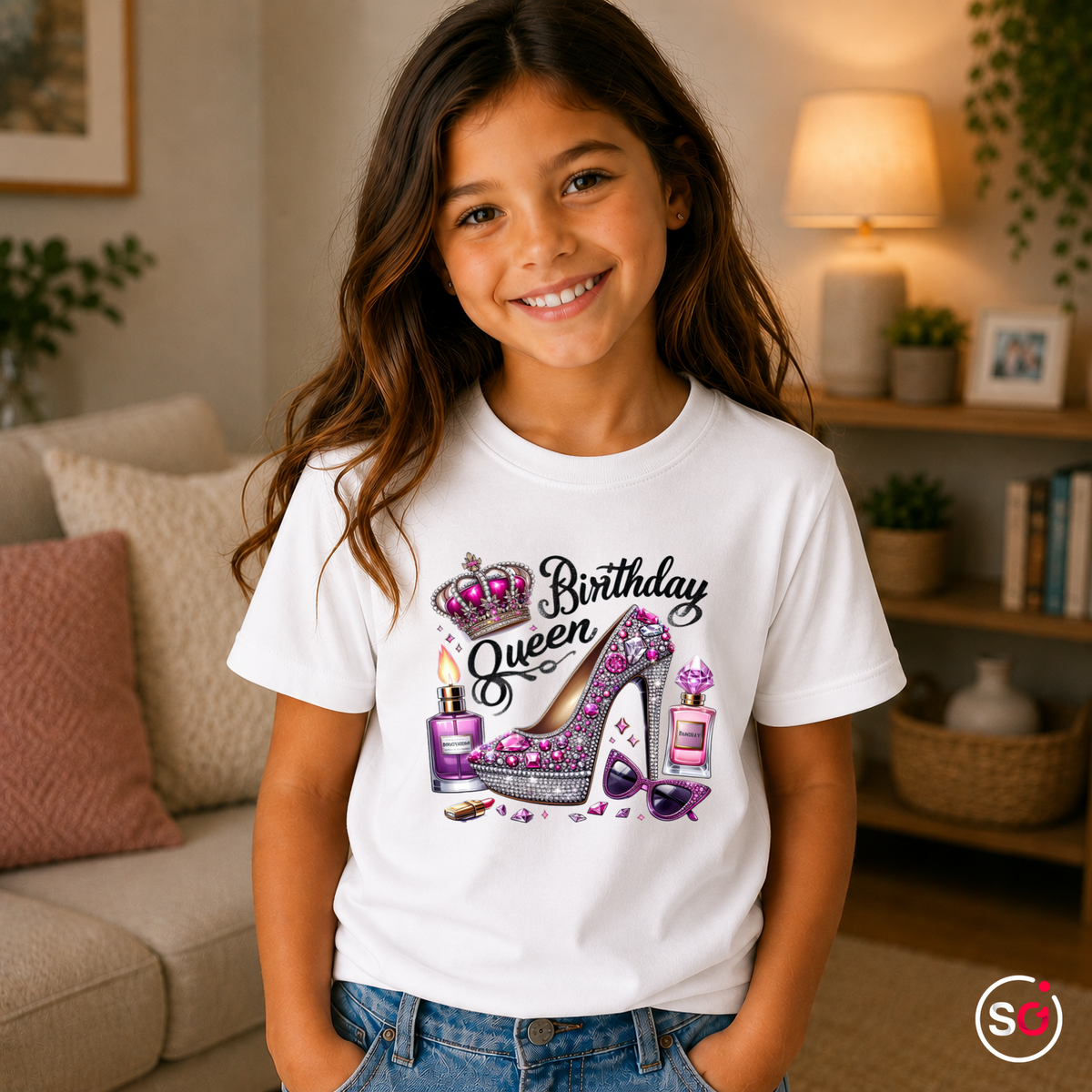 Kinder Weiß – Kinder T-Shirt 'Birthday Queen' mit Glitzer High Heel & Krone