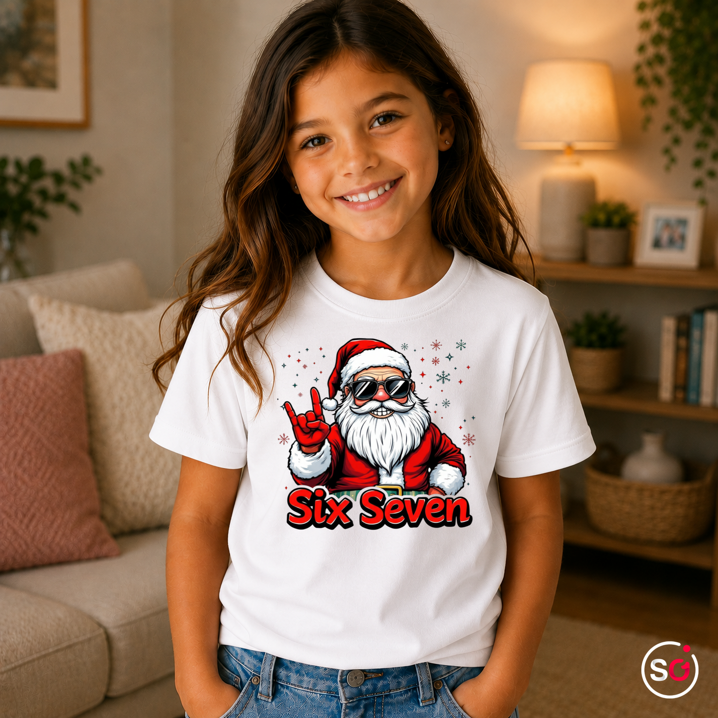 Kinder Weiß – Kinder T-Shirt mit coolem Rockstar Weihnachtsmann und Spruch „Six Seven“
