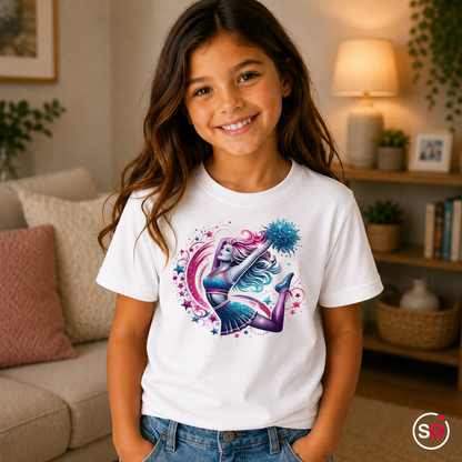 Kinder Weiß – Kinder T-Shirt mit Galaktischer Cheerleaderin im Sprung & Glitzer-Sternen