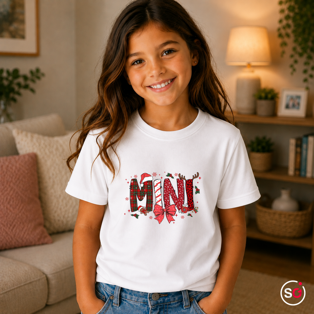 Kinder Weiß – Kinder Weihnachts-T-Shirt 'MINI' mit Zuckerstange, Rentier & Karo-Muster