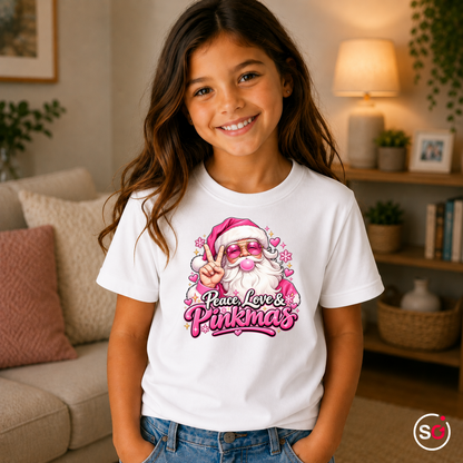 Kinder Weiß – Kinder T-Shirt mit Pinkmas Weihnachtsmann Motiv | Peace, Love & Pinkmas