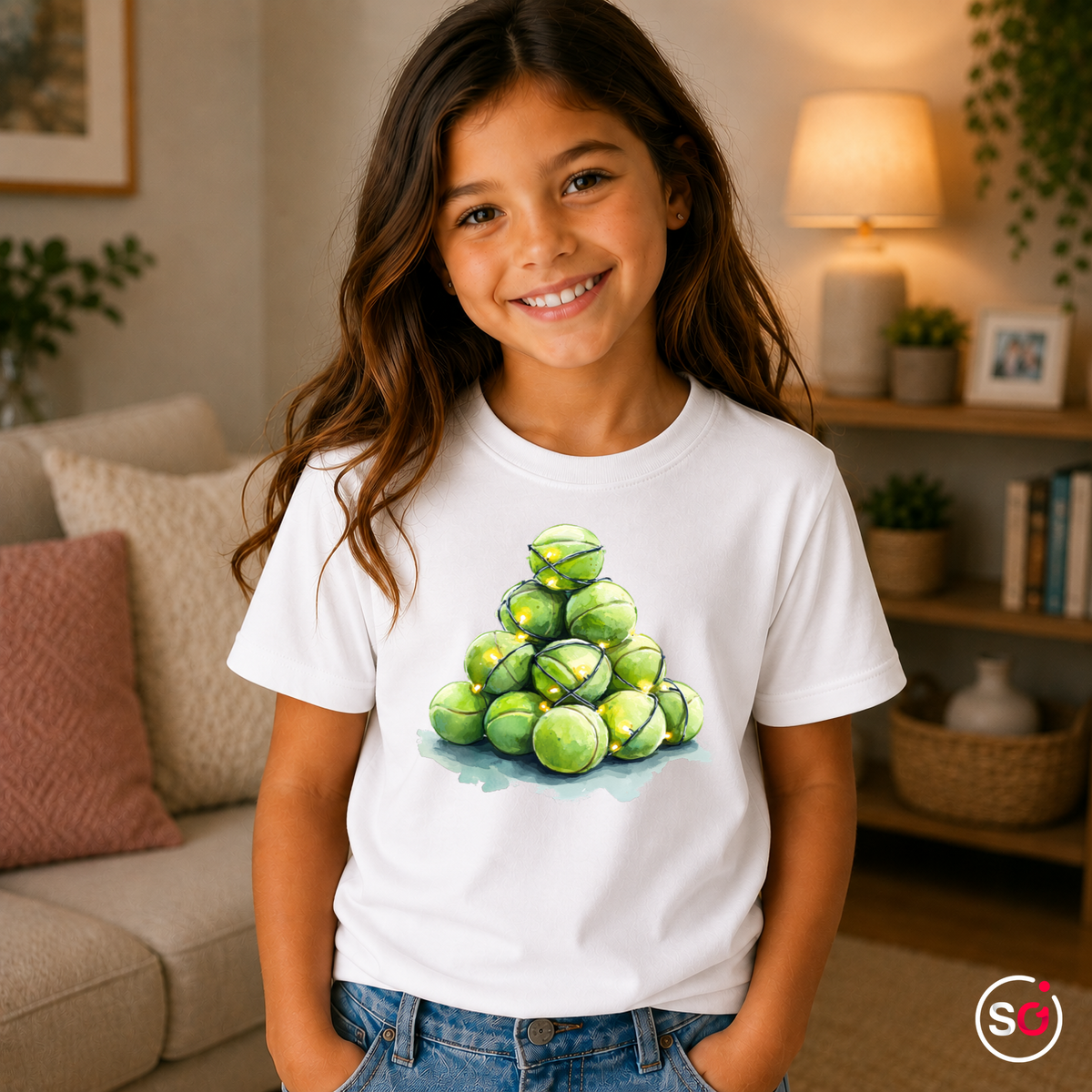 Kinder Weiß – Kinder T-Shirt mit Tennisball-Weihnachtsbaum & Lichterkette
