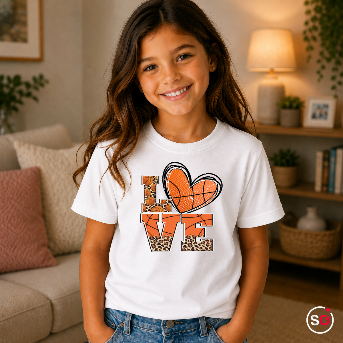 Kinder Weiß – Kinder T-Shirt mit 'LOVE' Basketball-Herz & Leopardenmuster-Design