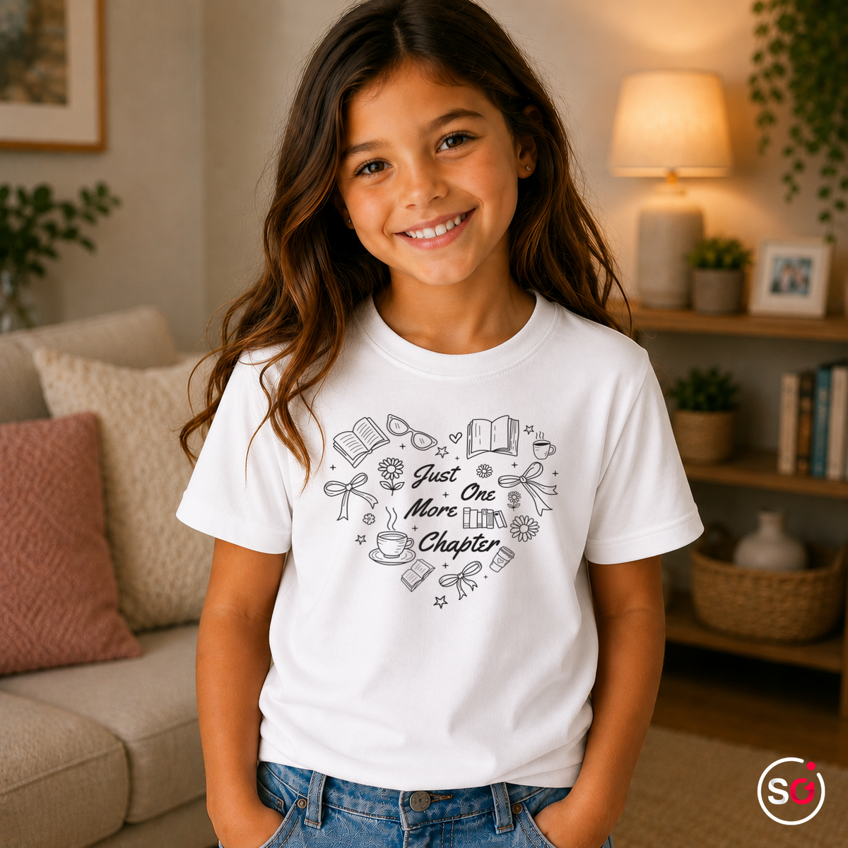 Kinder Weiß – Kinder T-Shirt mit „Just One More Chapter“ Spruch und Bücher-Herz Motiv für Leseratten