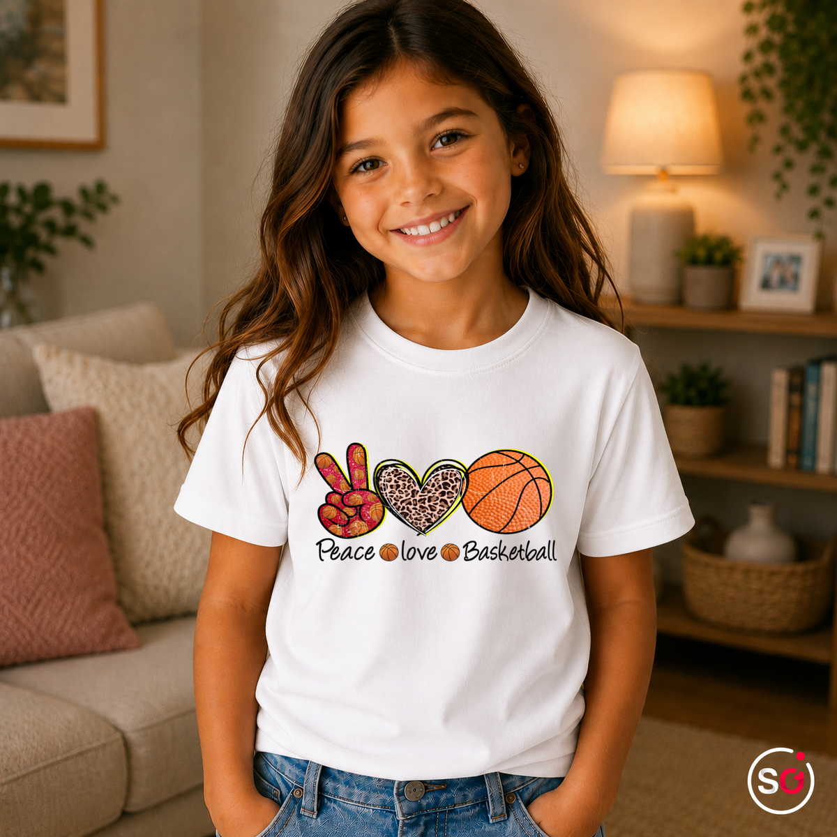 Kinder Weiß – Kinder T-Shirt | Peace Love Basketball | Design mit Leoparden-Herz & Peace-Zeichen