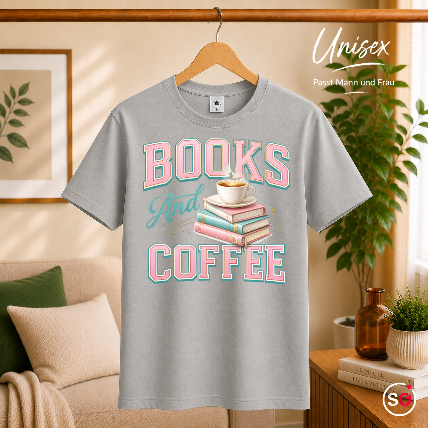 Unisex Grau – Books And Coffee T-Shirt für Leseratten & Kaffeefans – Damen & Herren