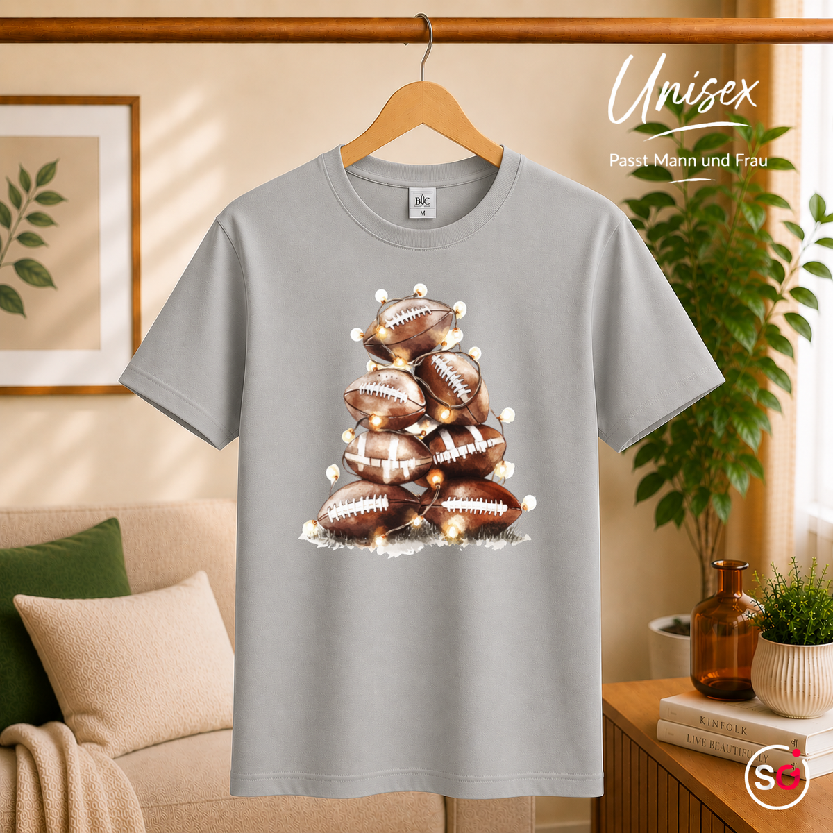 Unisex Grau – T-Shirt mit American Football Weihnachtsbaum & funkelnder Lichterkette