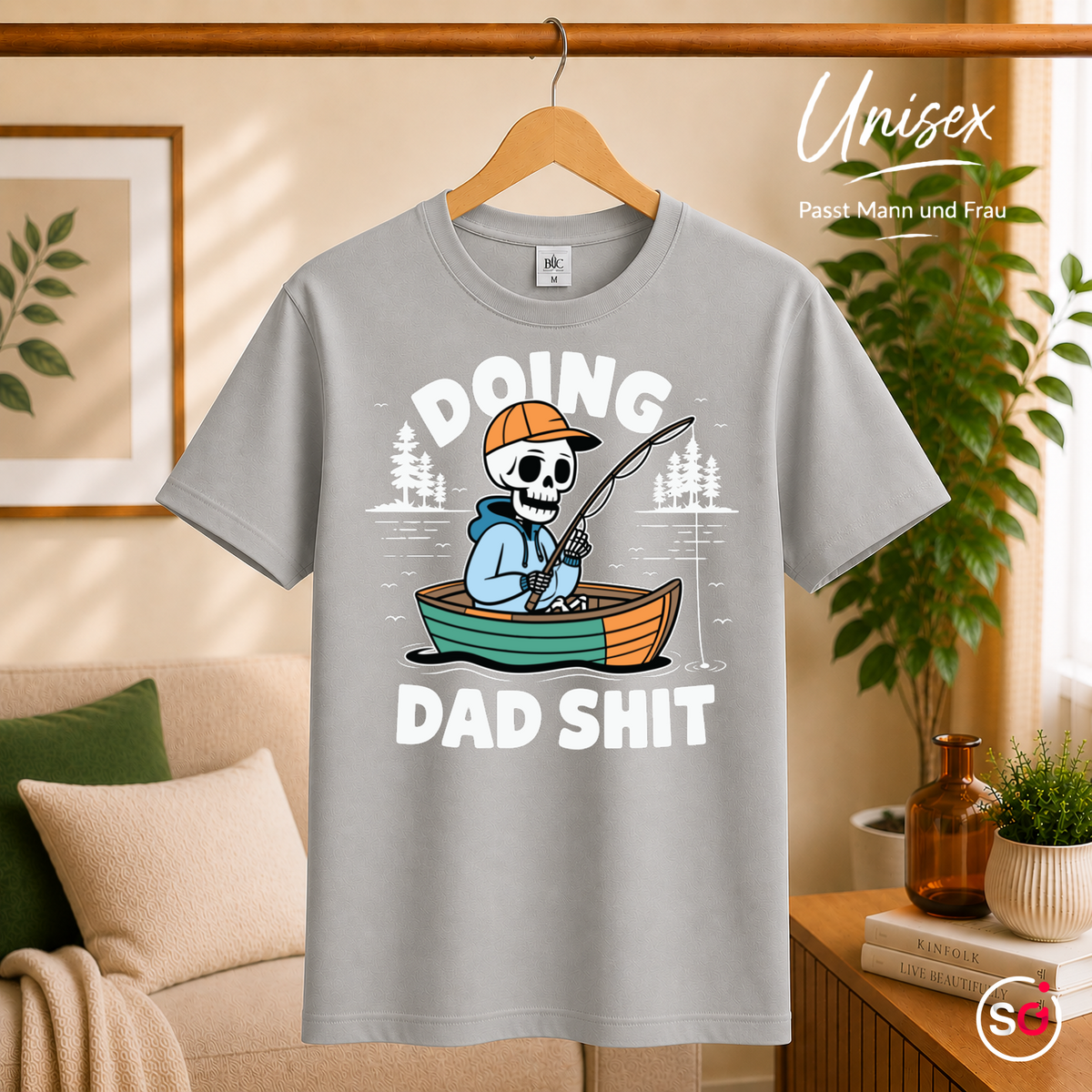 Unisex Grau – T-Shirt mit angelndem Skelett und Spruch "Doing Dad Shit" – Lustiges Design für Väter