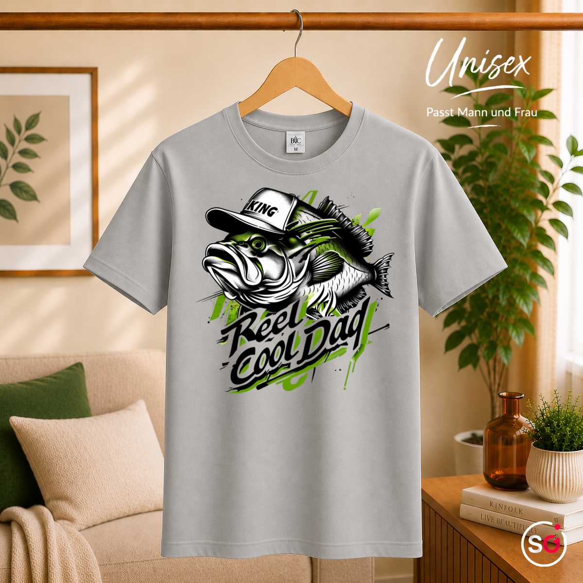 Unisex Grau – Reel Cool Dad T-Shirt | Lässiges Angler-Design mit Fisch und King-Kappe