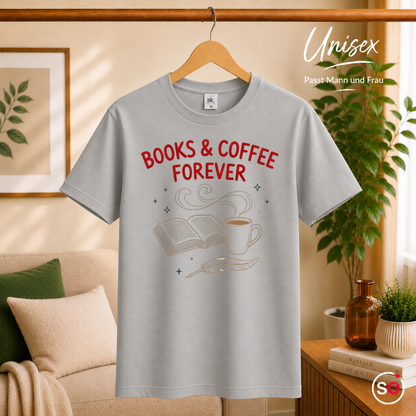 Unisex Grau – T-Shirt mit "Books & Coffee Forever" Design | Illustration für Leseratten & Kaffeeliebhaber