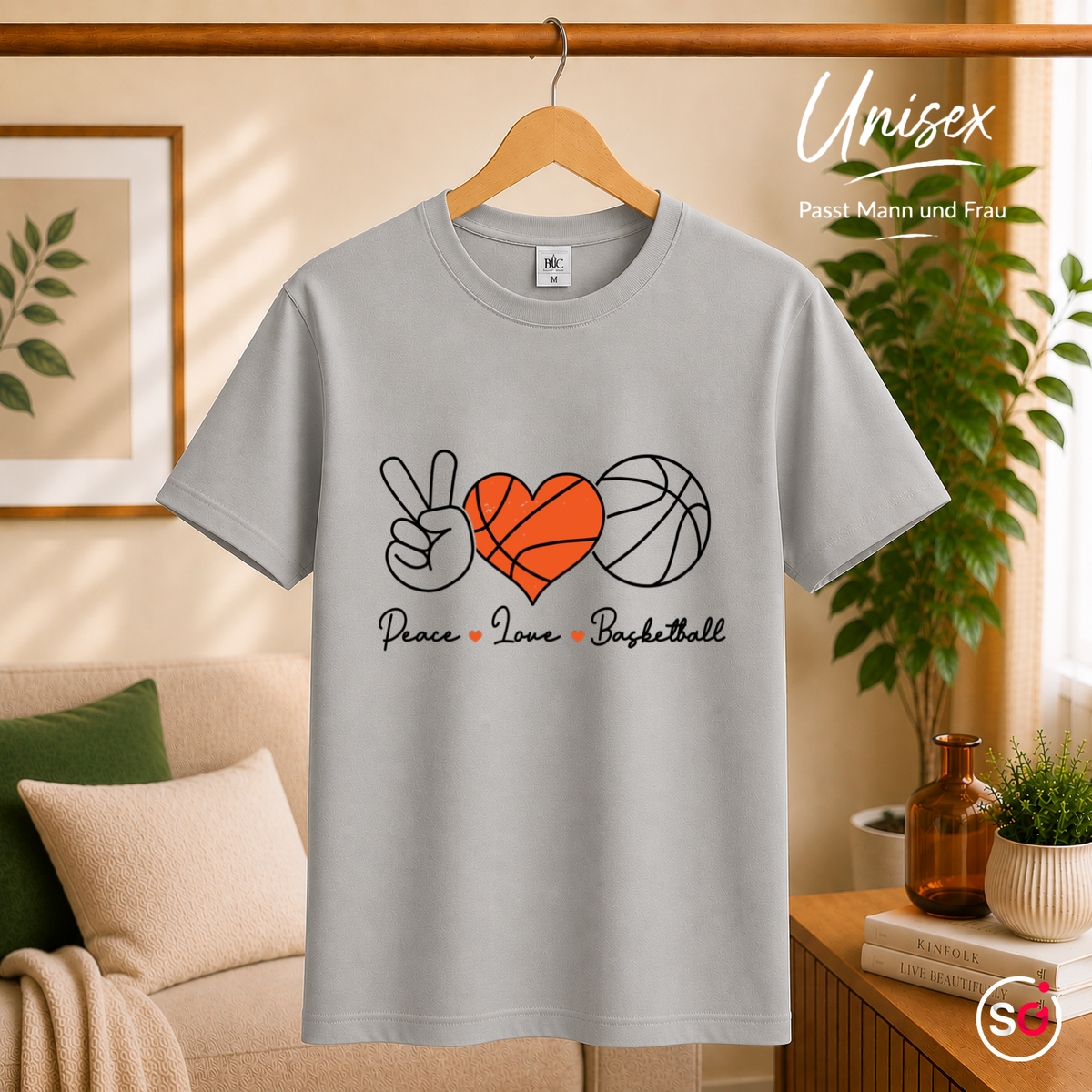 Unisex Grau – T-Shirt mit Peace, Love & Basketball Design | Herz-Ball & Friedenszeichen
