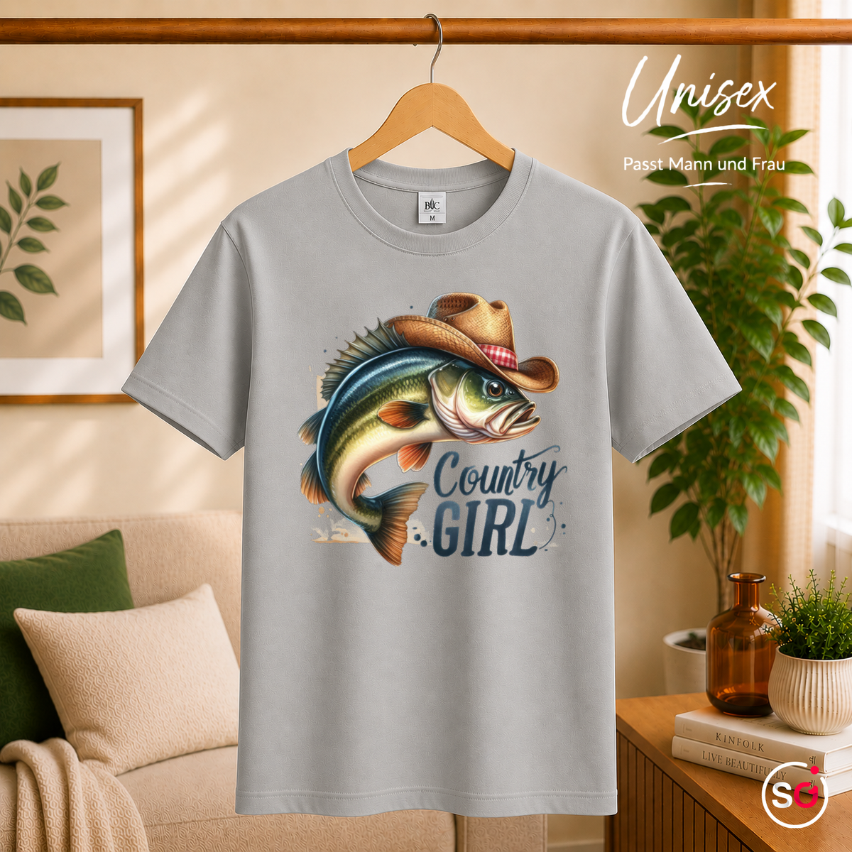 Unisex Grau – Country Girl T-Shirt | Lustiges Fisch-Motiv mit Cowboyhut für Anglerinnen & Western-Fans