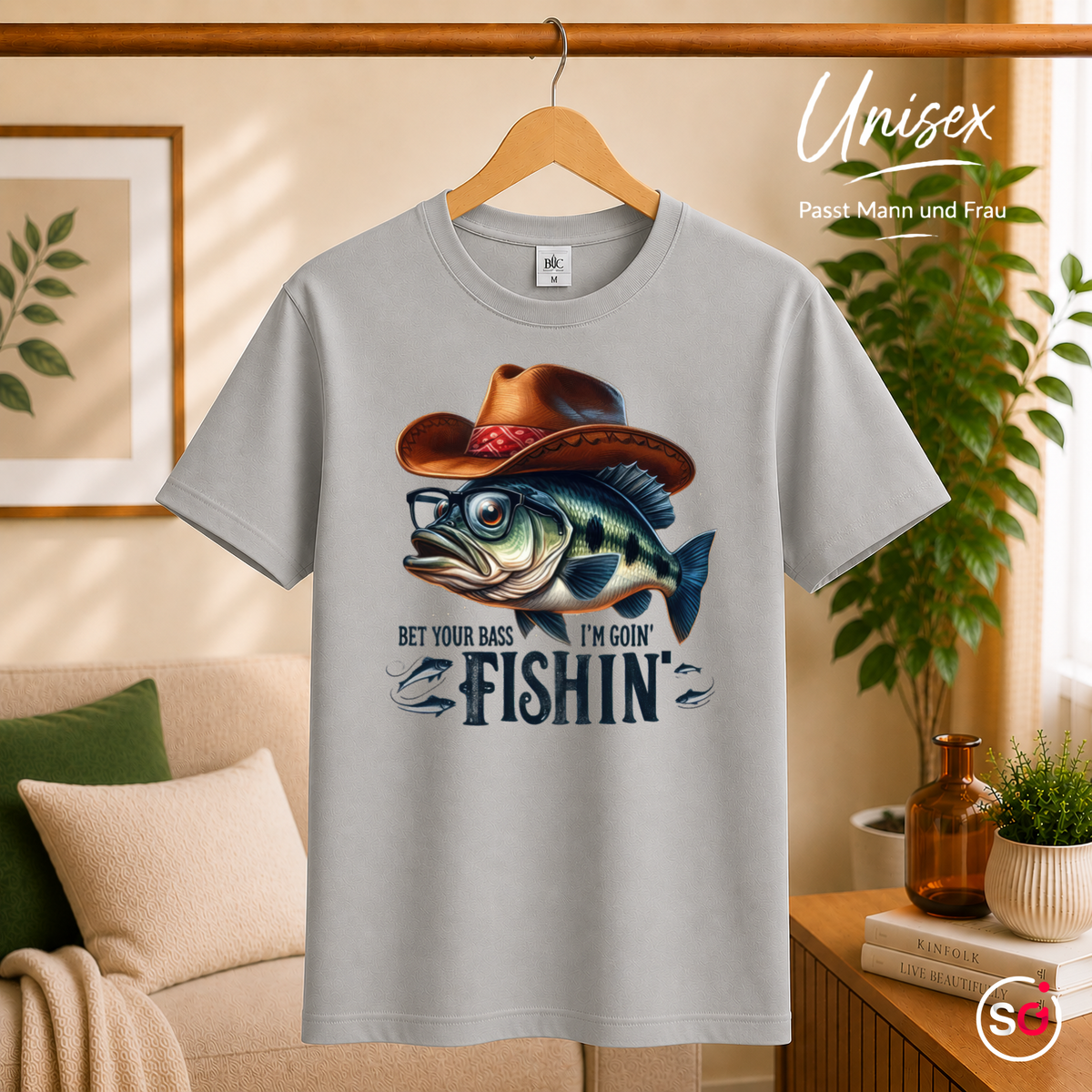 Unisex Grau – "Bet Your Bass I'm Goin' Fishin'" T-Shirt | Witziges Angler-Motiv mit Barsch und Cowboyhut