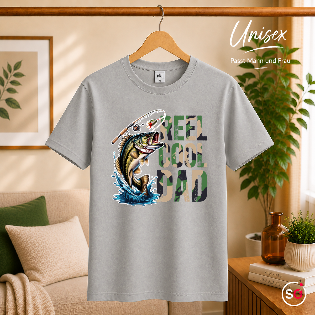 Unisex Grau – Reel Cool Dad T-Shirt mit detailreichem Bass-Motiv für Angler