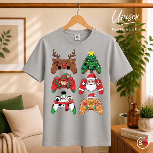 Unisex Grau – Festliche Gaming Controller Weihnachten T-Shirt – Lustiges Gamer Weihnachtsdesign
