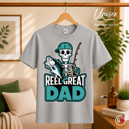 Unisex Grau – T-Shirt mit lustigem Angler-Skelett | "Reel Great Dad" Spruch & Fisch-Motiv