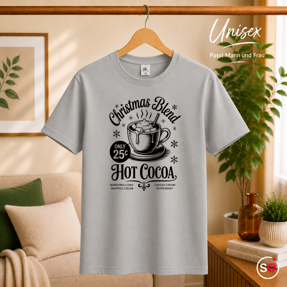 Unisex Grau – T-Shirt mit Hot Cocoa Motiv 'Christmas Blend' im nostalgischen Retro-Design