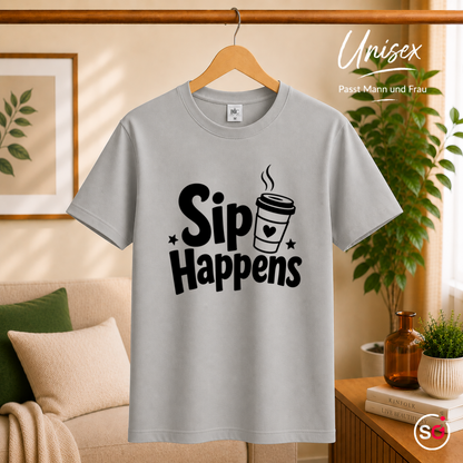 Unisex Grau – T-Shirt "Sip Happens" – Design mit lustigem Kaffee-Wortspiel und To-Go-Becher-Grafik