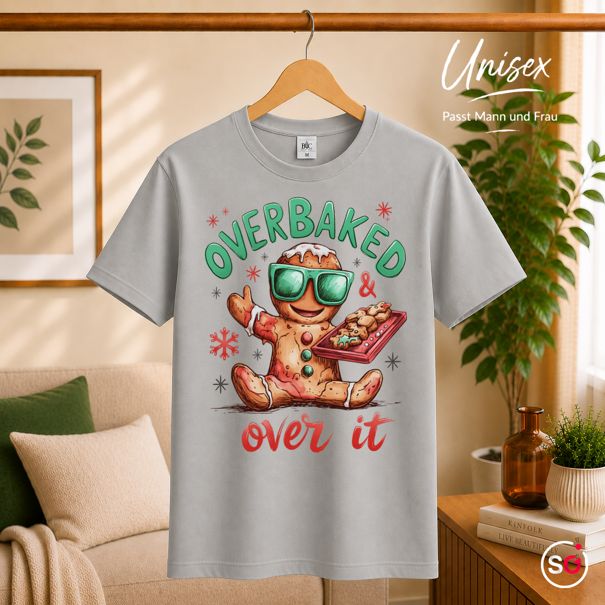 Unisex Grau – Lustiges Lebkuchenmann T-Shirt mit Spruch 'Overbaked & Over It' für Weihnachten