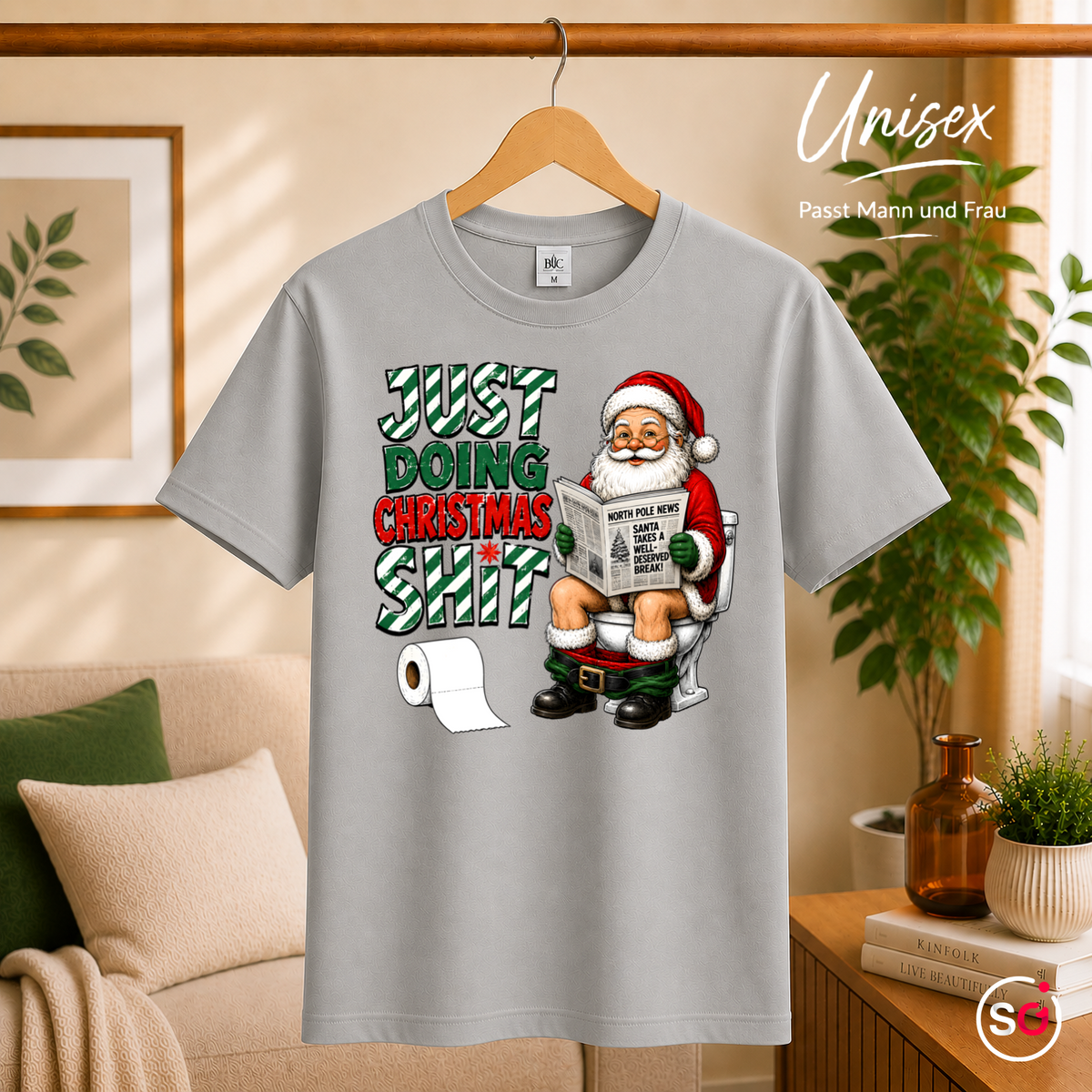 Unisex Grau – T-Shirt „Just Doing Christmas Shit“ mit Weihnachtsmann auf der Toilette