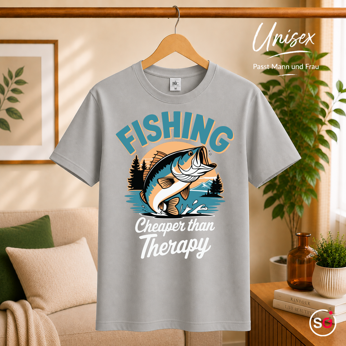 Unisex Grau – T-Shirt mit Angler-Spruch "Fishing Cheaper than Therapy" und coolem Barsch-Motiv im Retro-Look