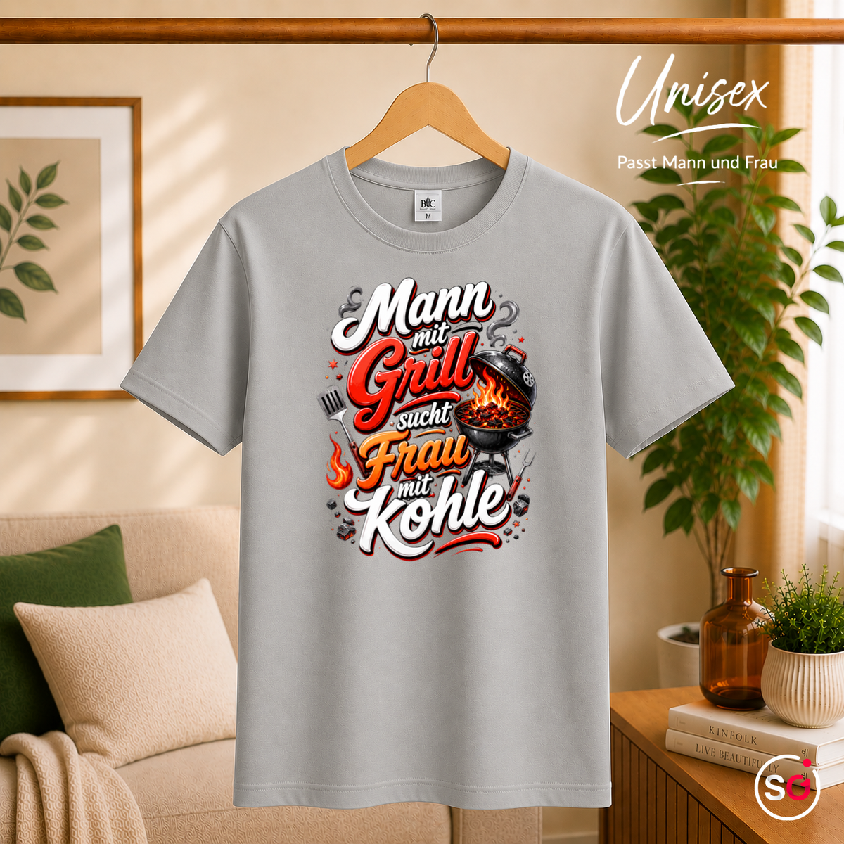 Unisex Grau – Lustiges Grill T-Shirt: Mann mit Grill sucht Frau mit Kohle – Witziges BBQ Design