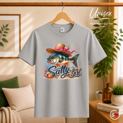 Unisex Grau – Salty Girl T-Shirt mit coolem Barsch-Motiv und Strohhut im maritimen Unterwasser-Design