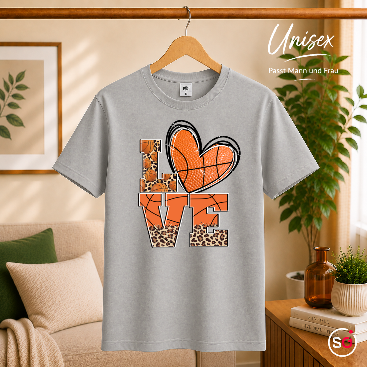 Unisex Grau – LOVE T-Shirt mit Basketball-Herz und stylischem Leopardenmuster