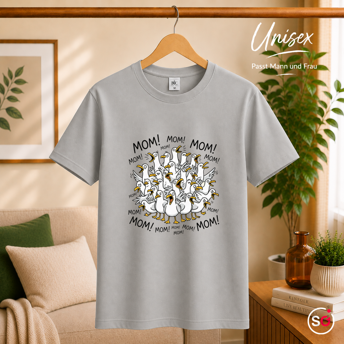 Unisex Grau – T-Shirt mit schreienden Möwen 'Mom! Mom! Mom!' - Lustiges Comic-Design