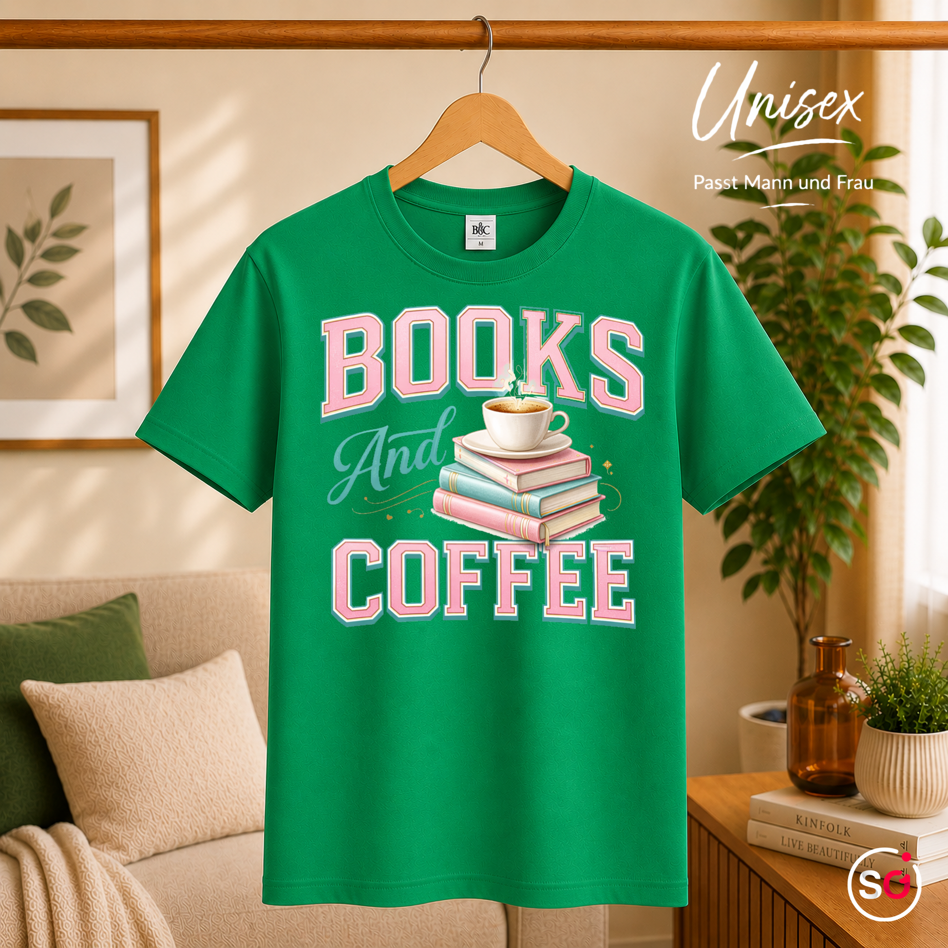 Unisex KellyGrün – Books And Coffee T-Shirt für Leseratten & Kaffeefans – Damen & Herren