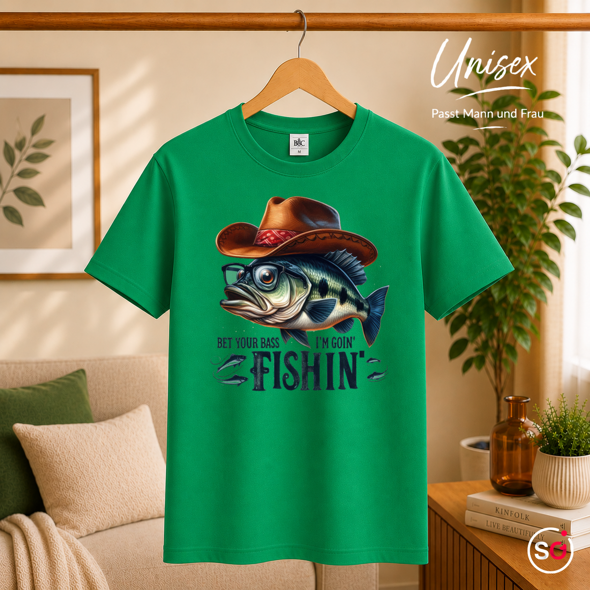Unisex KellyGrün – "Bet Your Bass I'm Goin' Fishin'" T-Shirt | Witziges Angler-Motiv mit Barsch und Cowboyhut