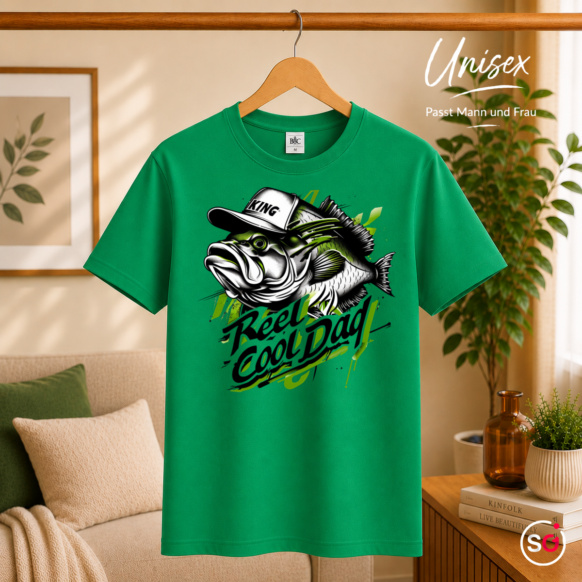 Unisex KellyGrün – Reel Cool Dad T-Shirt | Lässiges Angler-Design mit Fisch und King-Kappe