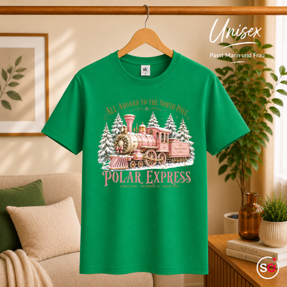 Unisex KellyGrün – T-Shirt Polar Express: Magische Weihnachtsfahrt zum Nordpol im Vintage-Design