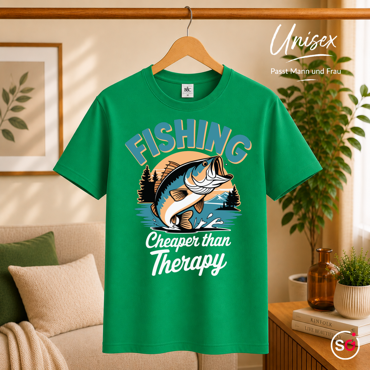 Unisex KellyGrün – T-Shirt mit Angler-Spruch "Fishing Cheaper than Therapy" und coolem Barsch-Motiv im Retro-Look