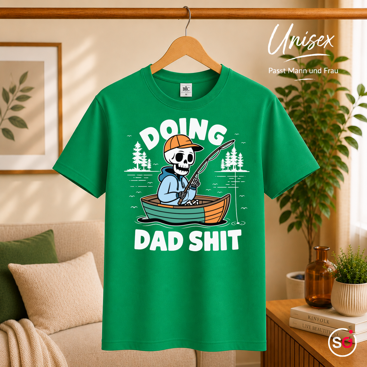 Unisex KellyGrün – T-Shirt mit angelndem Skelett und Spruch "Doing Dad Shit" – Lustiges Design für Väter