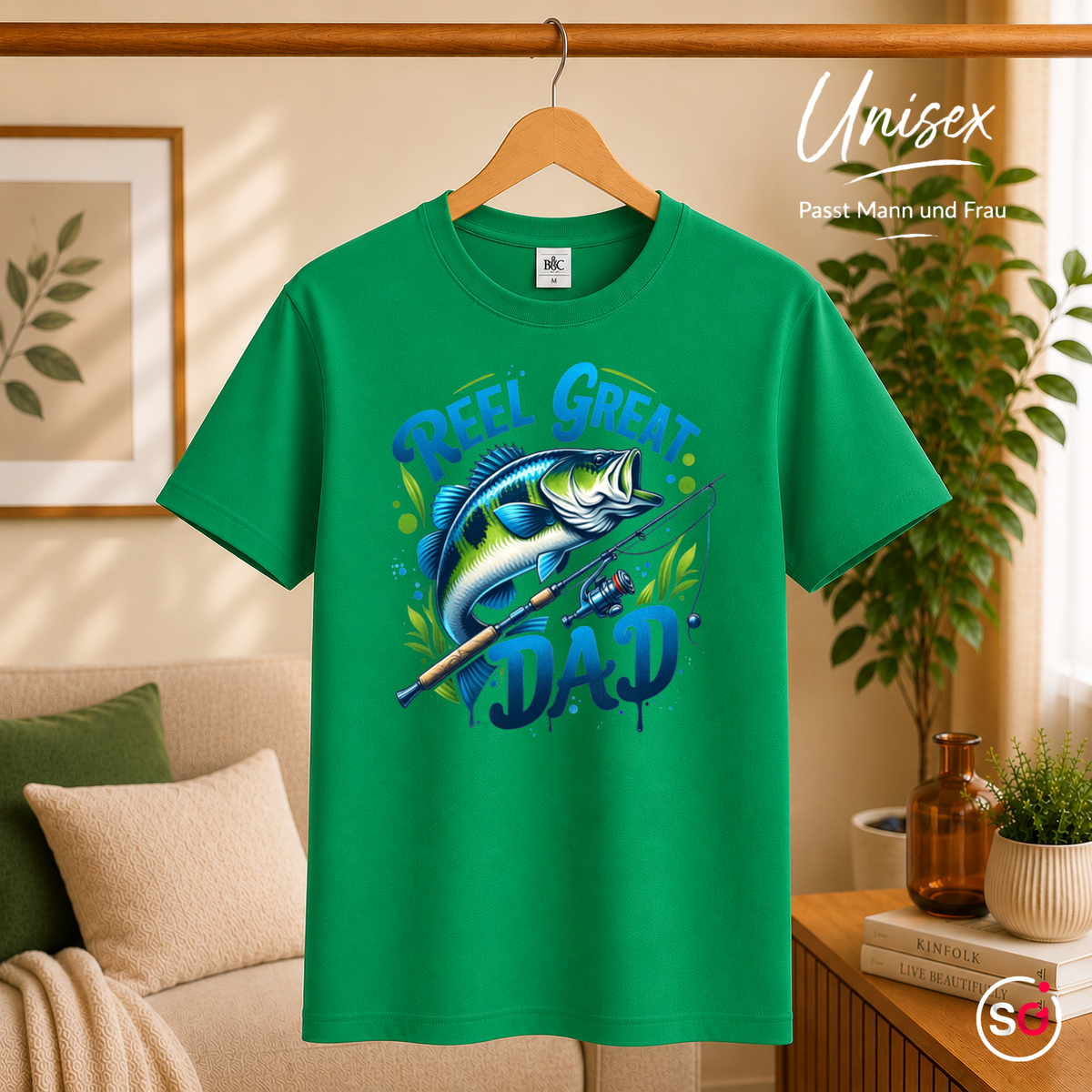 Unisex KellyGrün – T-Shirt mit "Reel Great Dad" Angler-Spruch und coolem Barsch-Motiv | Geschenk für Väter
