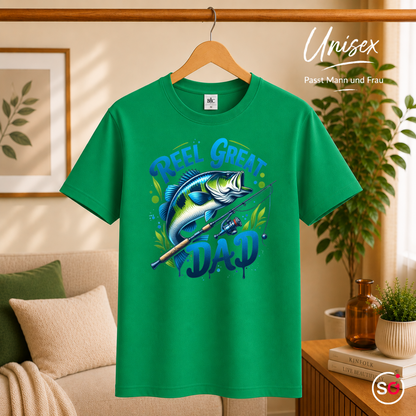 Unisex KellyGrün – T-Shirt mit "Reel Great Dad" Angler-Spruch und coolem Barsch-Motiv | Geschenk für Väter