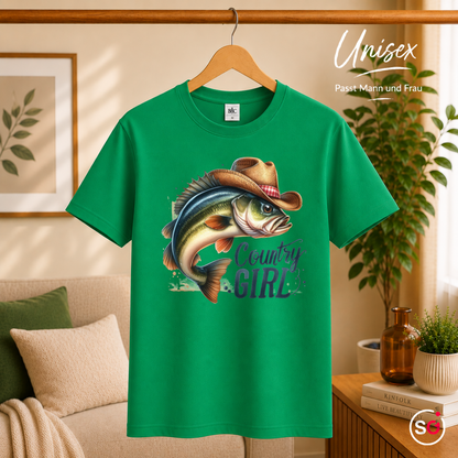 Unisex KellyGrün – Country Girl T-Shirt | Lustiges Fisch-Motiv mit Cowboyhut für Anglerinnen & Western-Fans