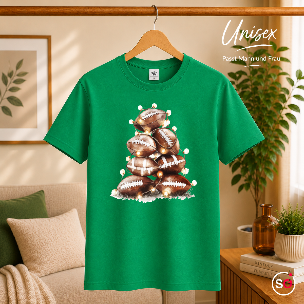Unisex KellyGrün – T-Shirt mit American Football Weihnachtsbaum & funkelnder Lichterkette