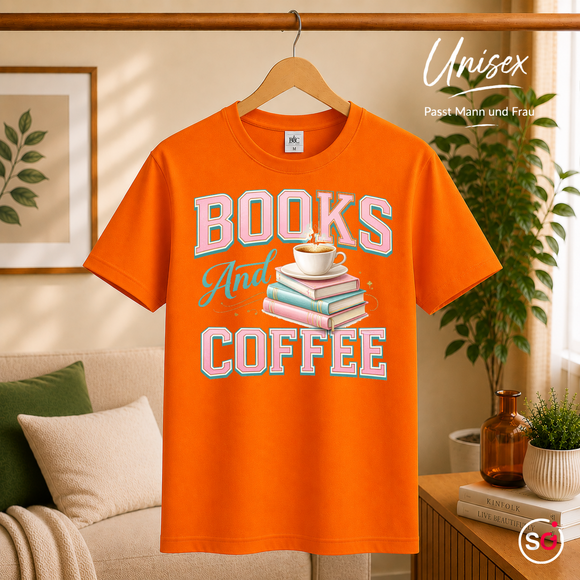Unisex Orange – Books And Coffee T-Shirt für Leseratten & Kaffeefans – Damen & Herren